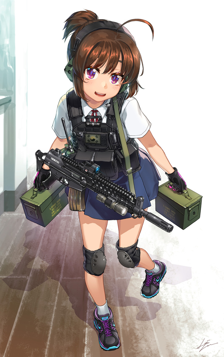 1girl, ahoge, ammunition_box, assault_rifle, bad_id, bad_pixiv_id, brown_hair, daewoo_k1