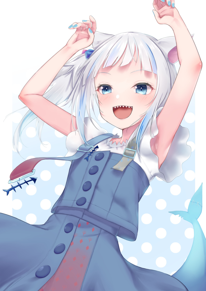 :d, absurdres, animal_ears, arms_up, blue_dress, blue_eyes, blue_hair, cat_ears