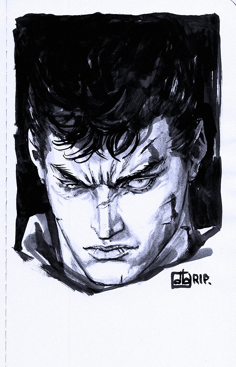 1boy, berserk, closed_mouth, commentary, english_commentary, greyscale, guts_(berserk), highres
