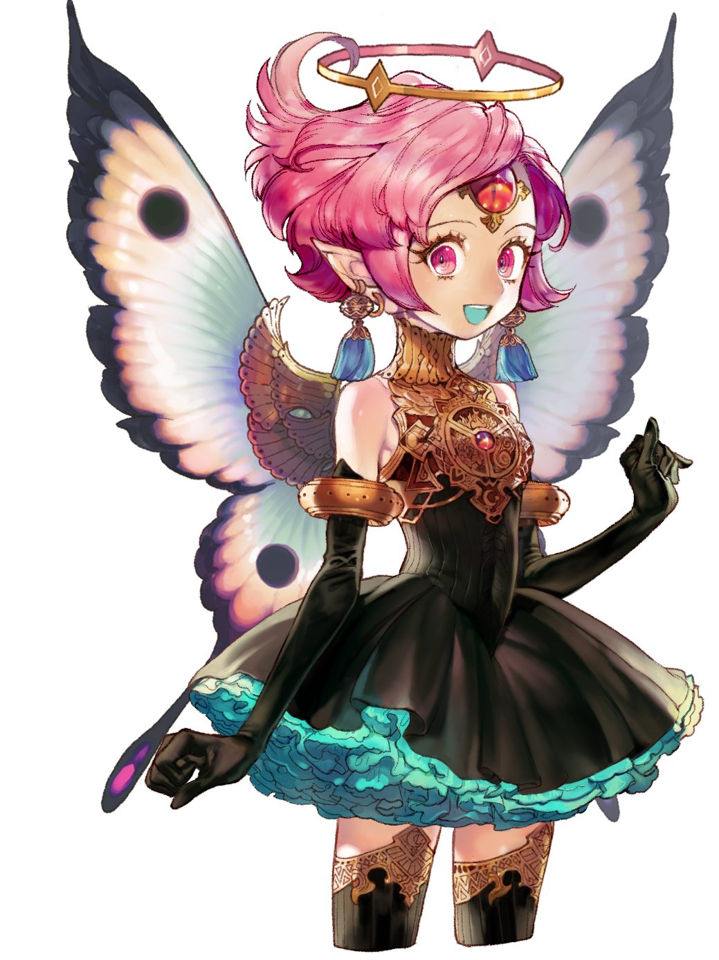 1girl, :d, bare_shoulders, black_dress, black_gloves, black_legwear, butterfly_wings, colored_tongue