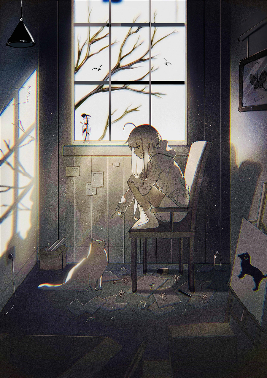1girl, ahoge, animal, bandaid, bandaid_on_face, bandaid_on_leg, bare_tree, bird