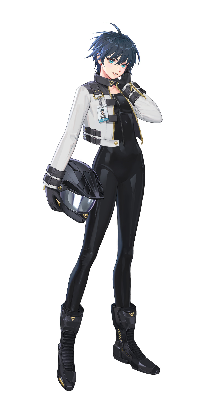 1girl, absurdres, ahoge, badge, bangs, black_bodysuit, black_footwear, black_gloves