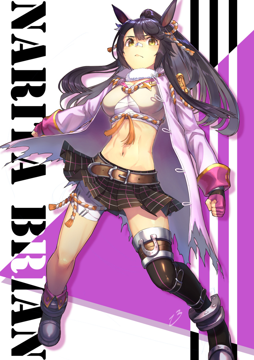 1girl, :/, abs, animal_ears, bandaged_leg, bandages, bandaid, bandaid_on_nose, bangs, black_footwear, black_hair, black_skirt, blunt_bangs, breasts, character_name, clenched_hands, closed_mouth, commentary_request, crop_top, drop_shadow, eyebrows_visible_through_hair, fingerless_gloves, full_body, fur_collar, gloves, groin, hair_between_eyes, hair_ornament, highres, horse_ears, horse_girl, horse_tail, jacket, large_breasts, long_hair, looking_at_viewer, midriff, mismatched_footwear, narita_brian_(umamusume), navel, open_clothes, open_jacket, ozu_(zii), partial_commentary, pink_jacket, plaid, plaid_skirt, pleated_skirt, ponytail, purple_gloves, rope, sarashi, shadow, shimenawa, sidelocks, signature, single_knee_boot, single_thigh_boot, skirt, solo, standing, star_(symbol), tail, torn_jacket, umamusume, underbust, white_background, yellow_eyes