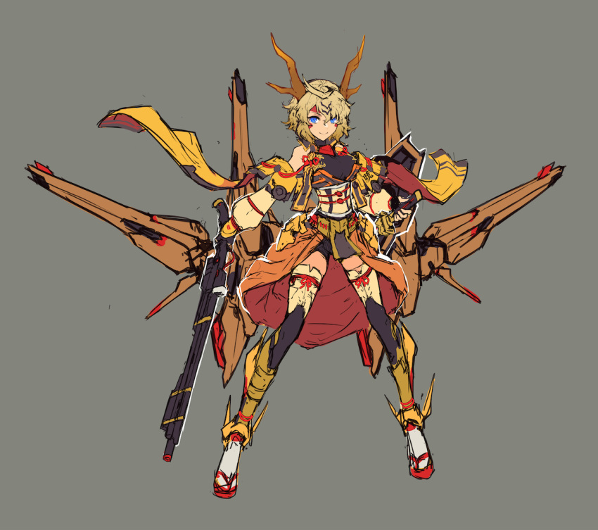 1girl, akatsuki_gundam, antlers, bangs, blonde_hair, blue_eyes, boots, breasts
