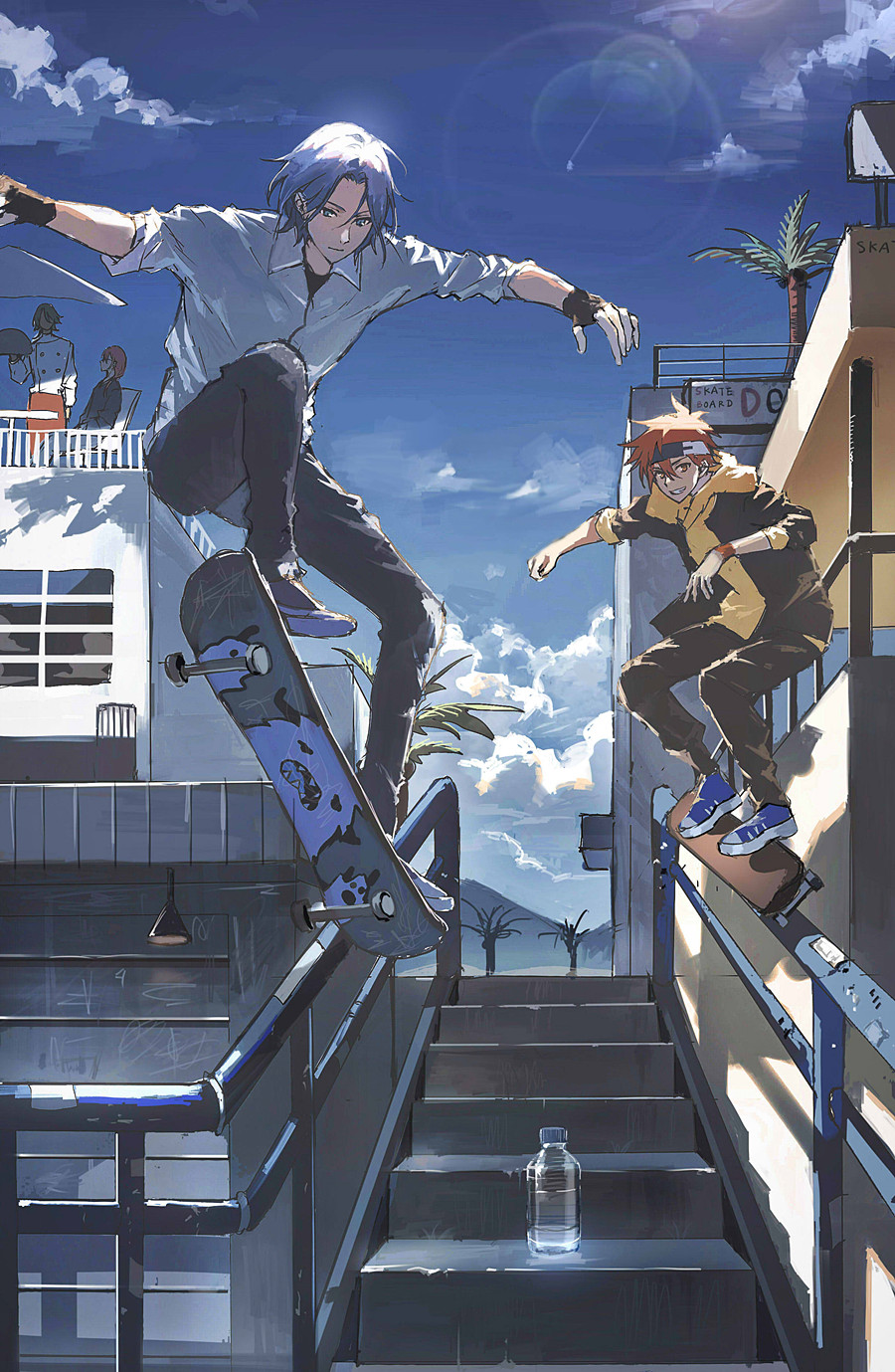 4boys, black_footwear, black_gloves, black_jacket, blue_eyes, blue_footwear, blue_hair, blue_sky