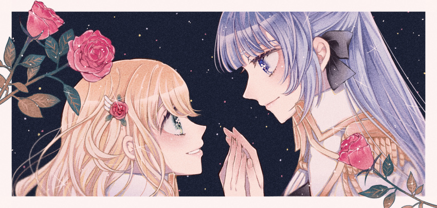 2girls, absurdres, aiguillette, bangs, beige_border, black_background, black_ribbon, blonde_hair