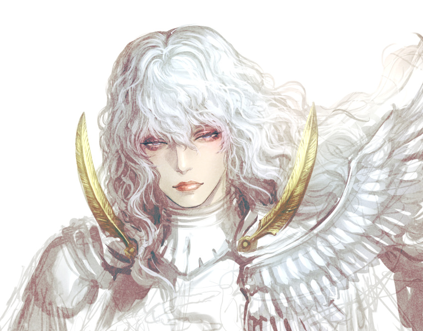 1boy, androgynous, armor, bangs, berserk, blue_eyes, closed_mouth, fujii_eishun, griffith_(berserk), hair_between_eyes, lips, long_hair, male_focus, simple_background, sketch, solo, upper_body, wavy_hair, white_background, white_hair