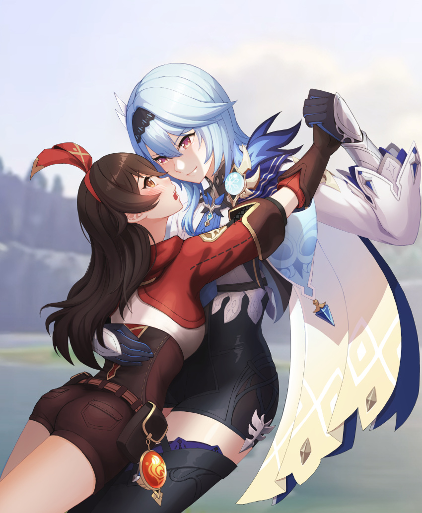 2girls, absurdres, amber_(genshin_impact), blue_hair, blush, brown_hair, cape, ccd, dancing, eula_lawrence, eye_contact, genshin_impact, gloves, hairband, hand_on_another's_back, highres, holding_hands, jacket, leotard, long_sleeves, looking_at_another, multiple_girls, open_mouth, pouch, red_jacket, red_ribbon, ribbon, short_shorts, shorts, smile, thigh-highs, yuri