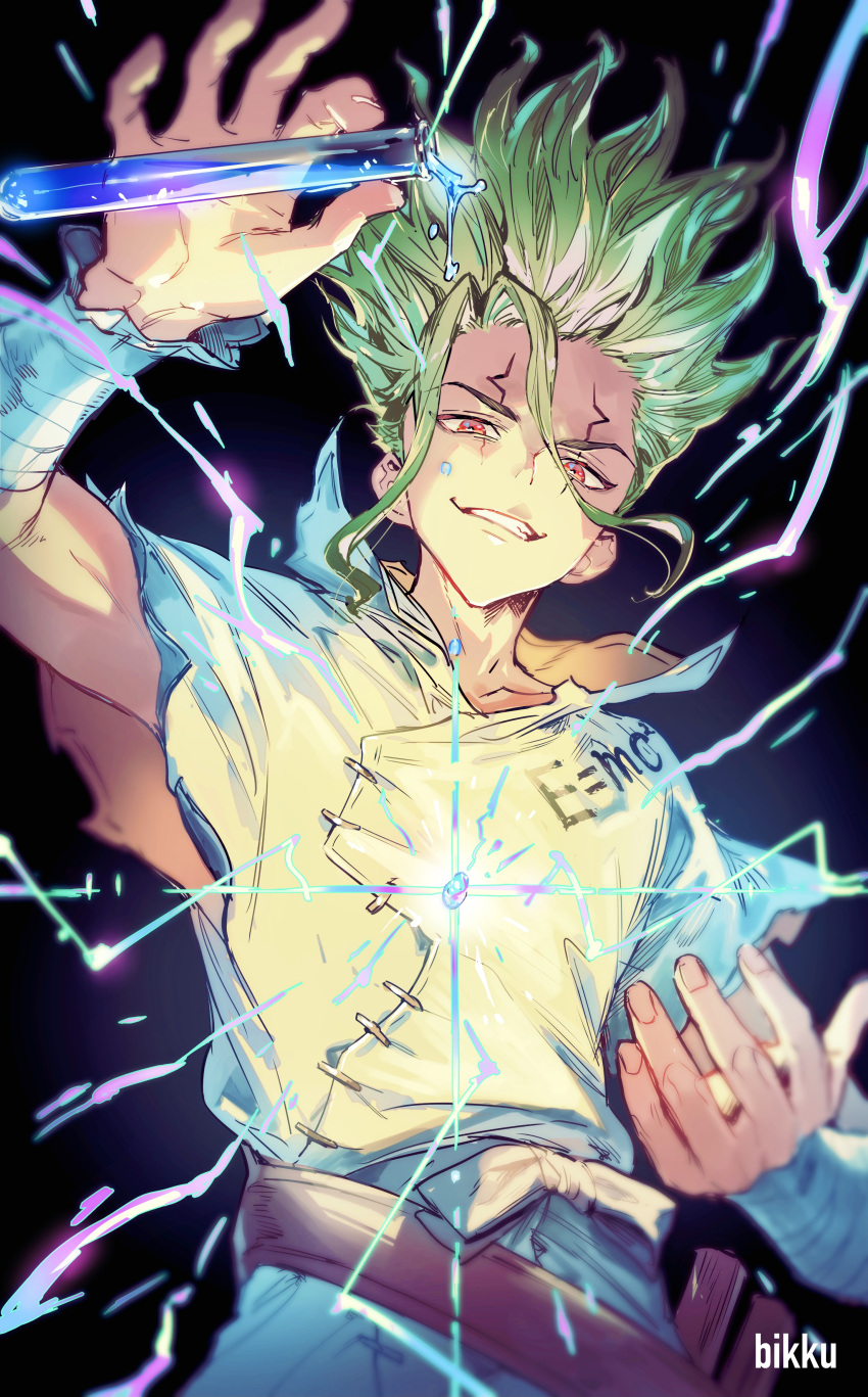 1boy, absurdres, artist_name, bandaged_arm, bandages, bikkusama, collarbone, diffraction_spikes