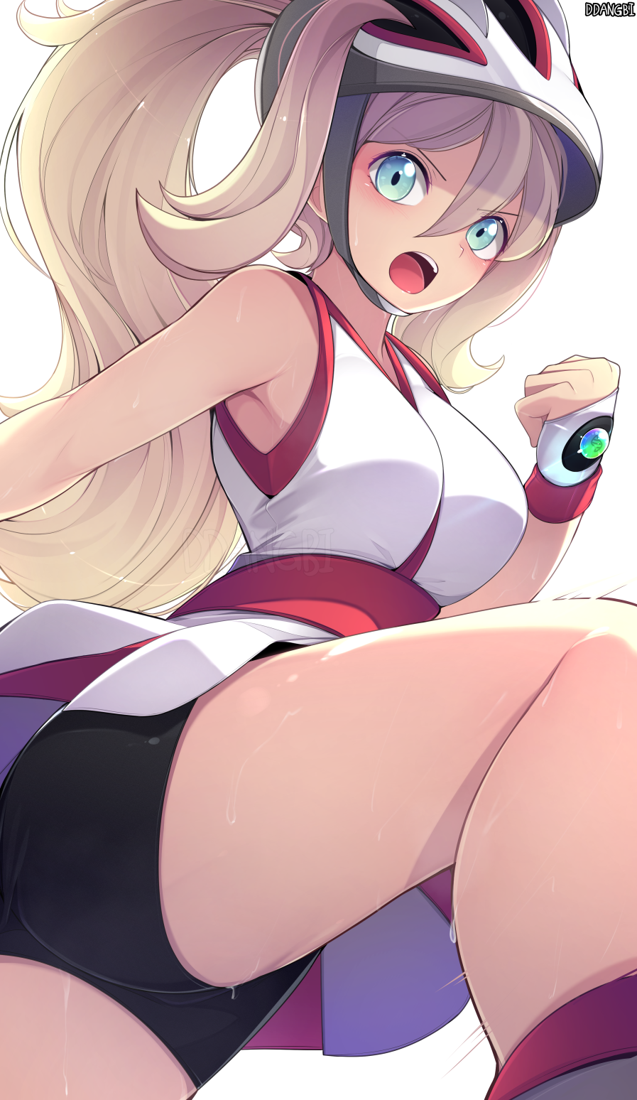1girl, bangs, bicycle_helmet, bike_shorts, blonde_hair, blush, breasts, commentary_request