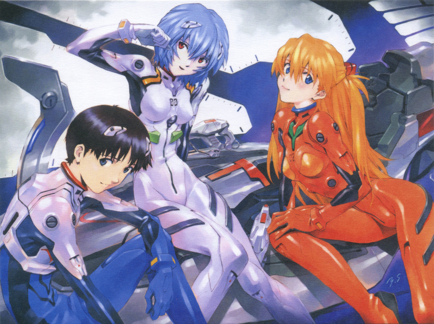 1boy, 2girls, absurdres, ayanami_rei, black_hair, blue_bodysuit, blue_hair, bodysuit