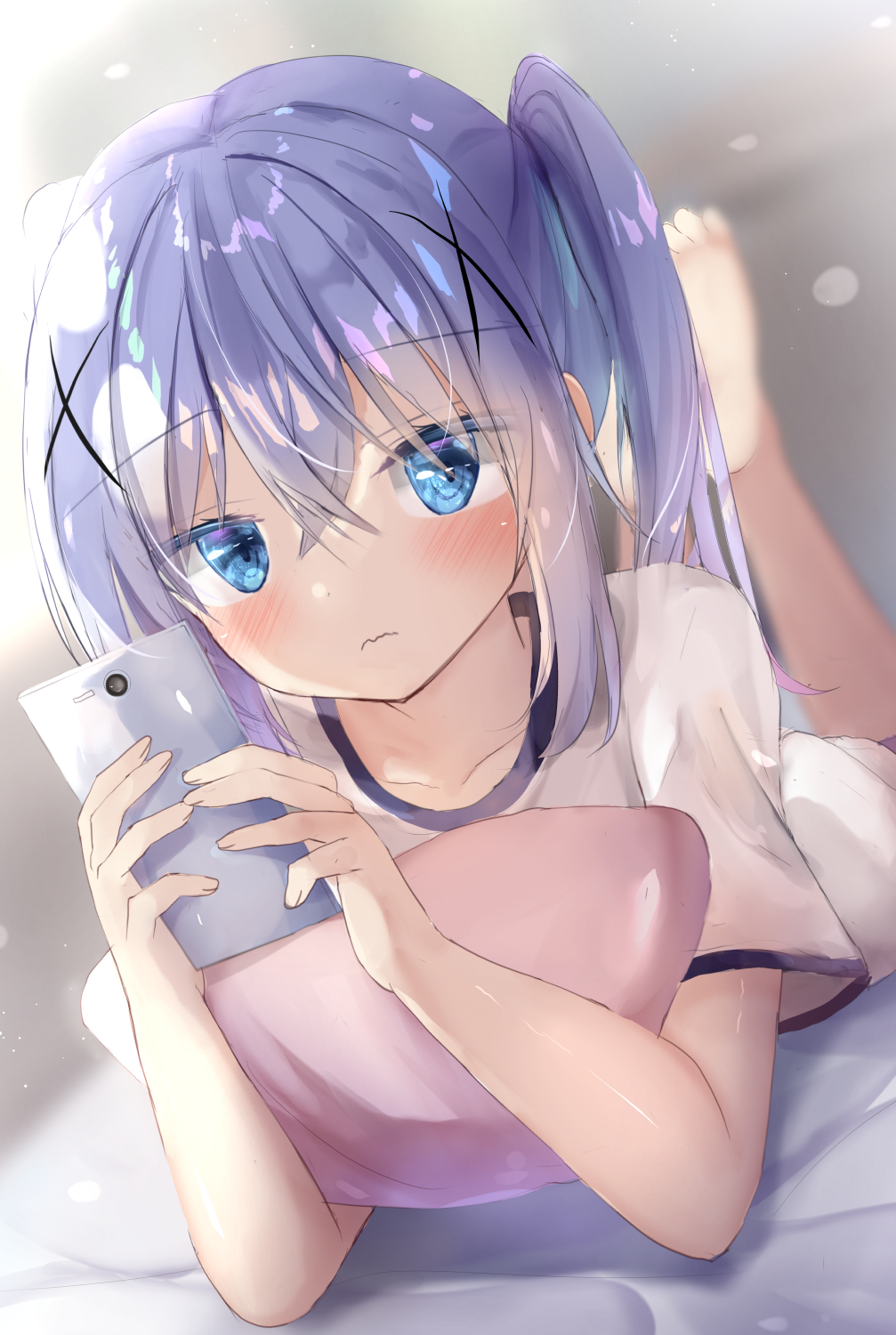 1girl, alternate_hairstyle, bangs, barefoot, blue_eyes, blue_hair, blurry, blurry_background
