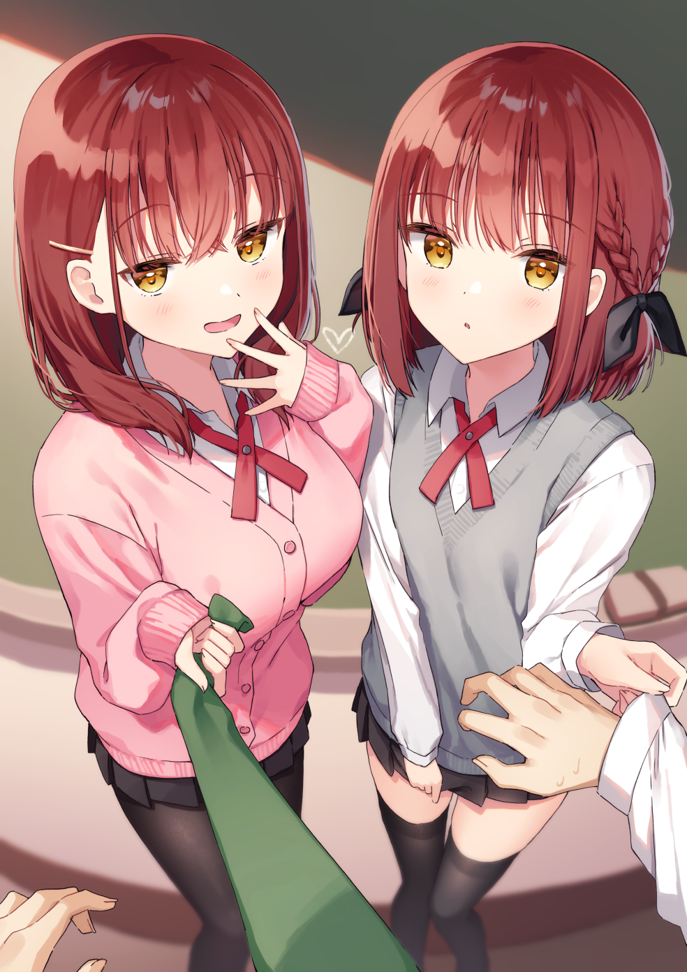 2girls, bangs, black_legwear, black_ribbon, black_skirt, blush, braid, breasts
