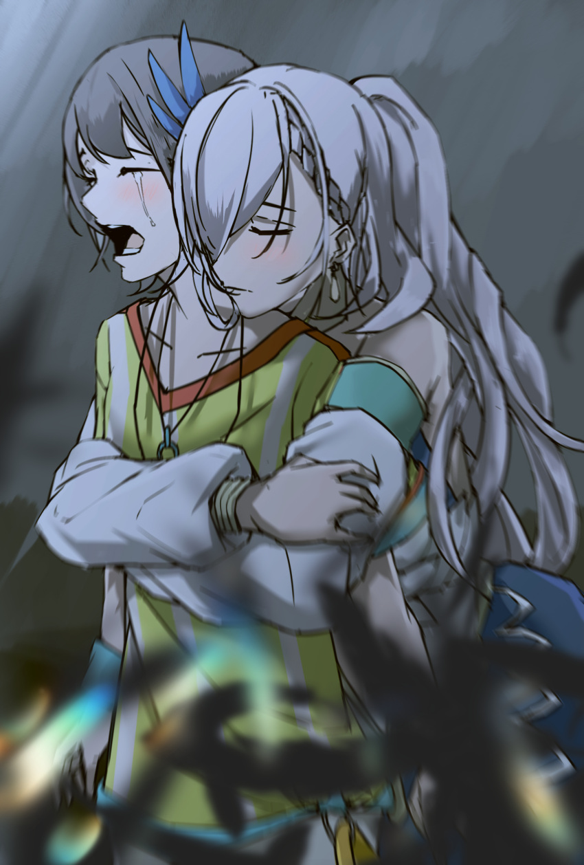 2girls, black_hair, closed_eyes, detached_sleeves, earrings, english_commentary, ghett0taku, grey_hair, highres, hololive, hololive_indonesia, hug, hug_from_behind, jersey, jewelry, multiple_girls, oozora_subaru, open_mouth, pavolia_reine, tears, virtual_youtuber, whistle, whistle_around_neck, wristband