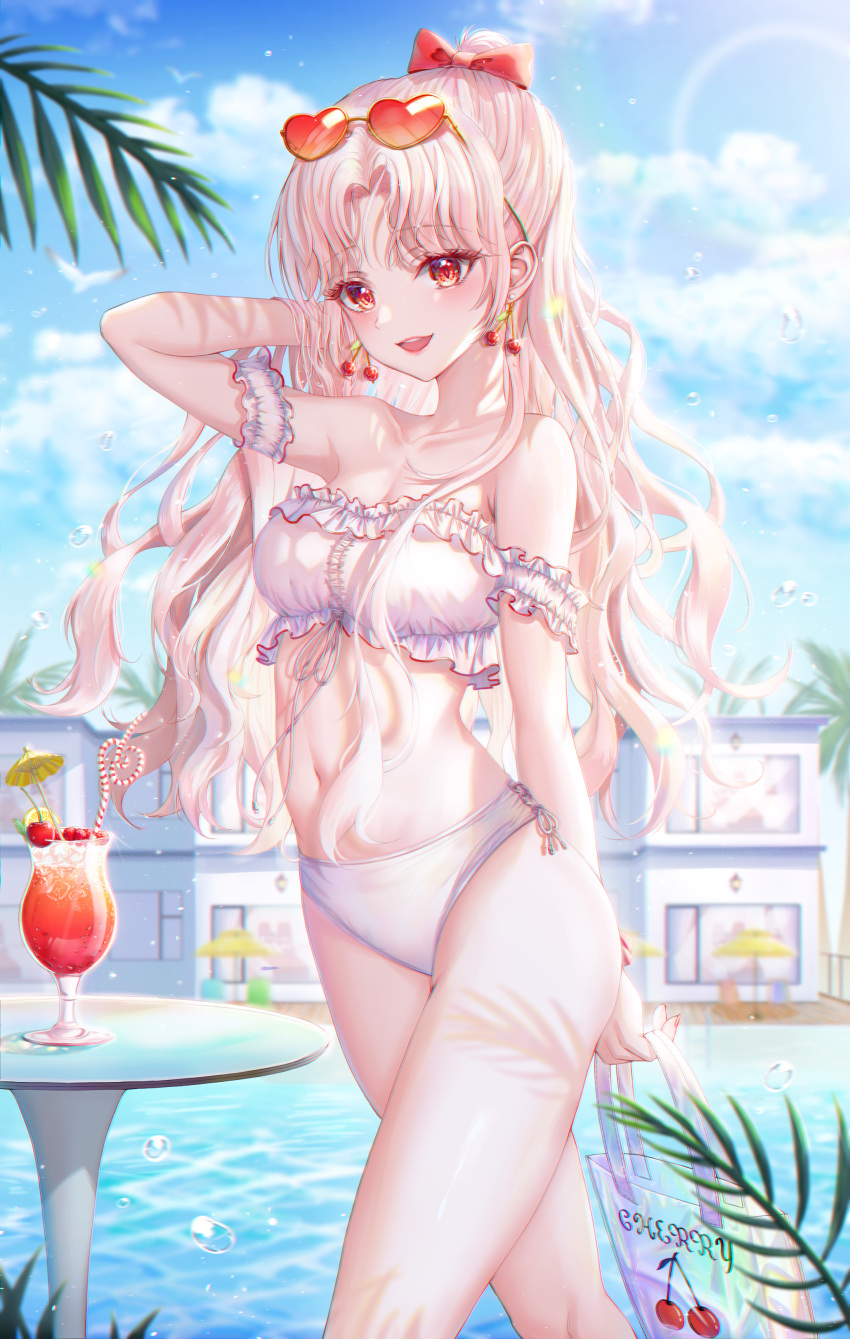 1girl, absurdres, arm_behind_head, arm_garter, bag, bandeau, bangs, bare_shoulders