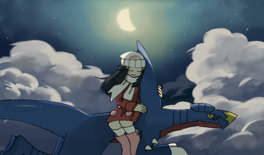 1girl, above_clouds, beanie, black_hair, blush, boots, closed_eyes, closed_mouth, clouds, coat, hikari_(pokemon), flying, garchomp, gen_4_pokemon, hat, highres, kneehighs, long_hair, long_sleeves, mashita._(mentaiko_omoti), moon, night, outdoors, pink_footwear, pokemon, pokemon_(creature), pokemon_(game), pokemon_dppt, pokemon_platinum, red_coat, riding_pokemon, scarf, sitting, sky, smile, star_(sky), white_headwear, white_legwear, white_scarf