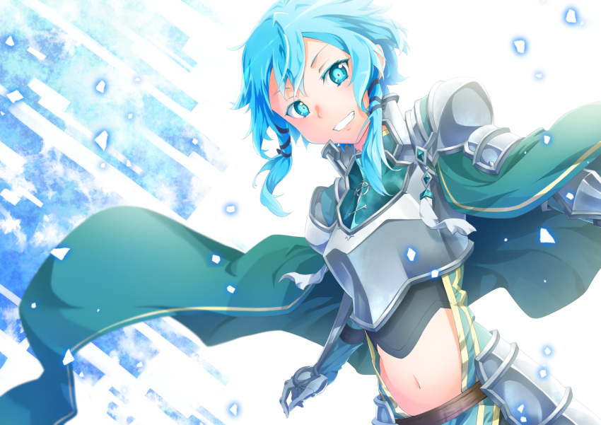 1girl, armor, bangs, blue_background, blue_eyes, blue_hair, breastplate, cape