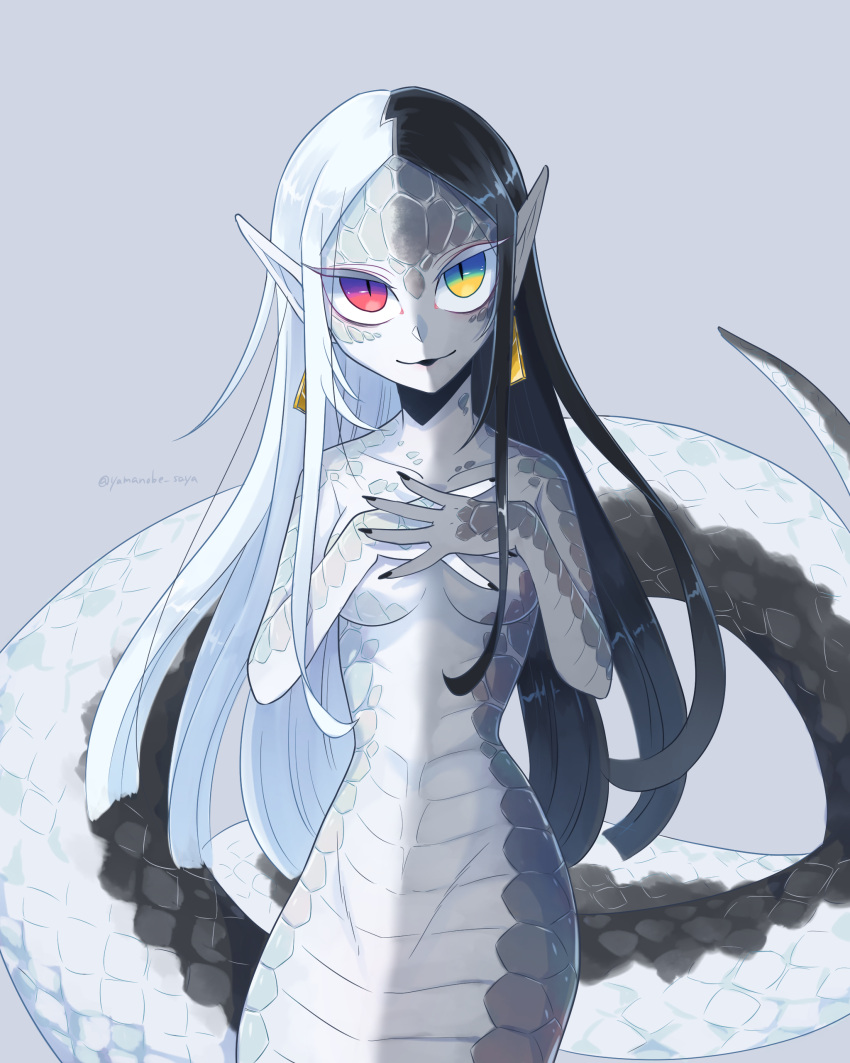 1girl, absurdres, artist_name, bangs, black_hair, collarbone, colored_skin, earrings, fingernails, green_eyes, grey_background, grey_skin, hands_over_breasts, heterochromia, highres, jewelry, lamia, long_hair, long_pointy_ears, looking_at_viewer, mikuromono, monster_girl, multicolored, multicolored_hair, multicolored_skin, original, parted_bangs, pointy_ears, red_eyes, scales, sharp_fingernails, slit_pupils, solo, split_theme, two-tone_hair, two-tone_skin, white_hair, white_skin