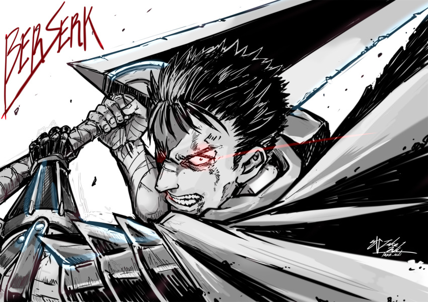 1boy, armor, berserk, cape, clenched_teeth, commentary, copyright_name, gauntlets, guts_(berserk), holding, holding_sword, holding_weapon, incoming_attack, looking_at_viewer, male_focus, solo, sword, take_nii, teeth, weapon