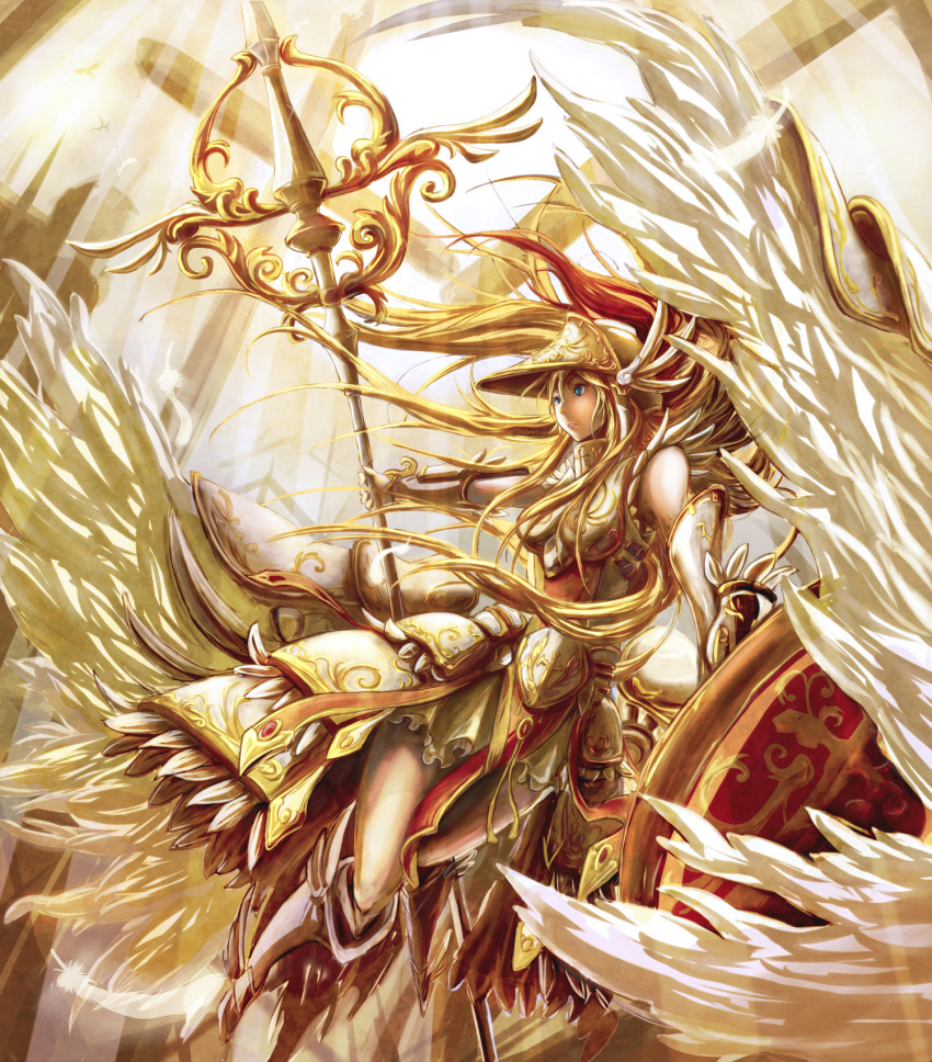 armor, armored_dress, blonde_hair, hatomune6, highres, long_hair, lord_of_vermilion, valkyrie, valkyrie_(lord_of_vermilion), wings