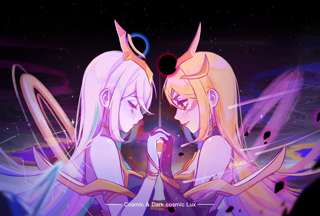 2girls, artist_name, blonde_hair, blush, closed_eyes, collared_dress, cosmic_lux, dark_cosmic_lux