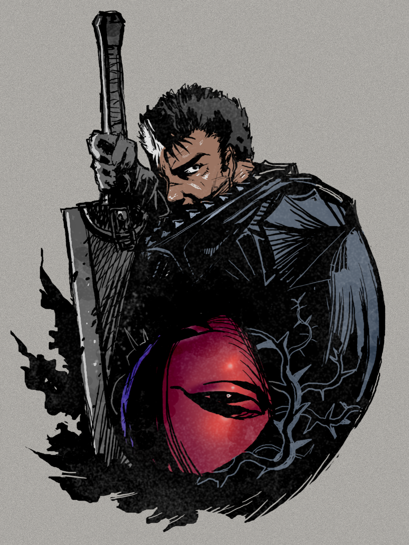 1boy, berserk, black_hair, brand_of_sacrifice, cape, dark-skinned_male, dark_skin, dragonslayer_(sword)