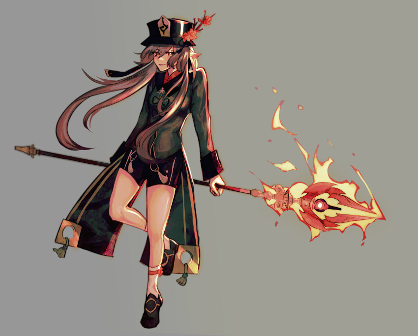 1girl, absurdres, bangs, black_dress, brown_hair, cute, dress, fire