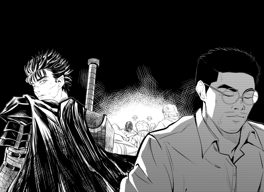 4girls, 5girls, berserk, berserker_armor, casca_(berserk), closed_eyes, collared_shirt, dragonslayer_(sword)