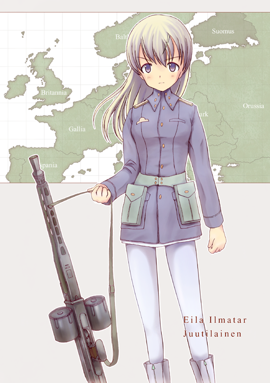 blue_eyes, drum_magazine, dual_drum_magazine, eila_ilmatar_juutilainen, gun, kamo_(rsrk), long_hair, machine_gun