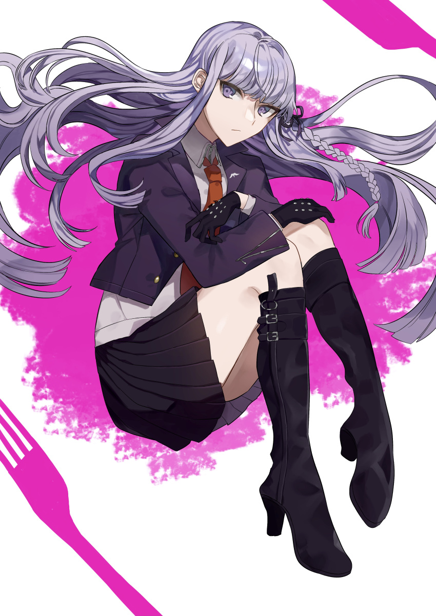 1girl, absurdres, bangs, black_footwear, black_gloves, black_jacket, black_skirt, blood