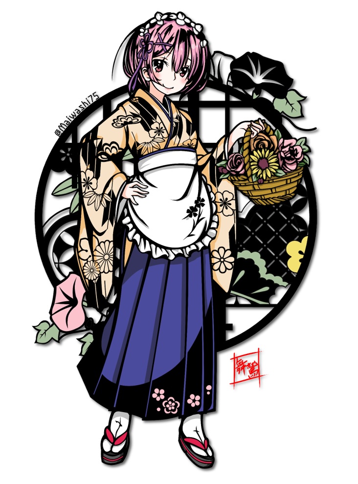 apron, artist_name, bangs, basket, blue_skirt, bow, circle, flower