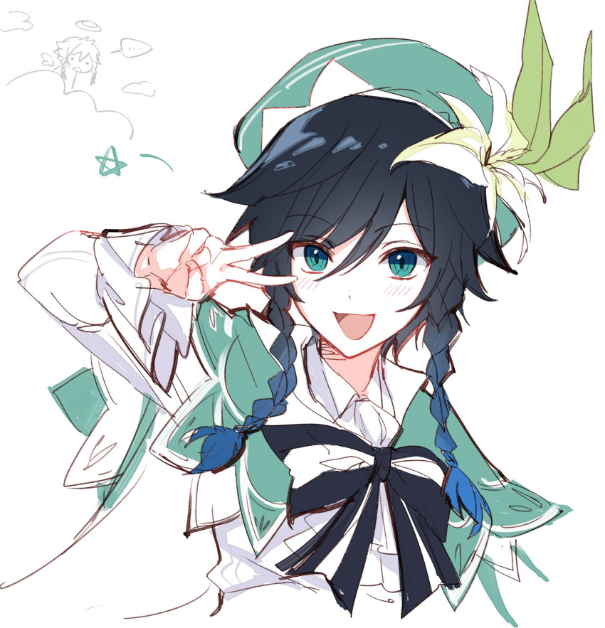 1boy, androgynous, bangs, beret, black_hair, blue_hair, blush, boo_1