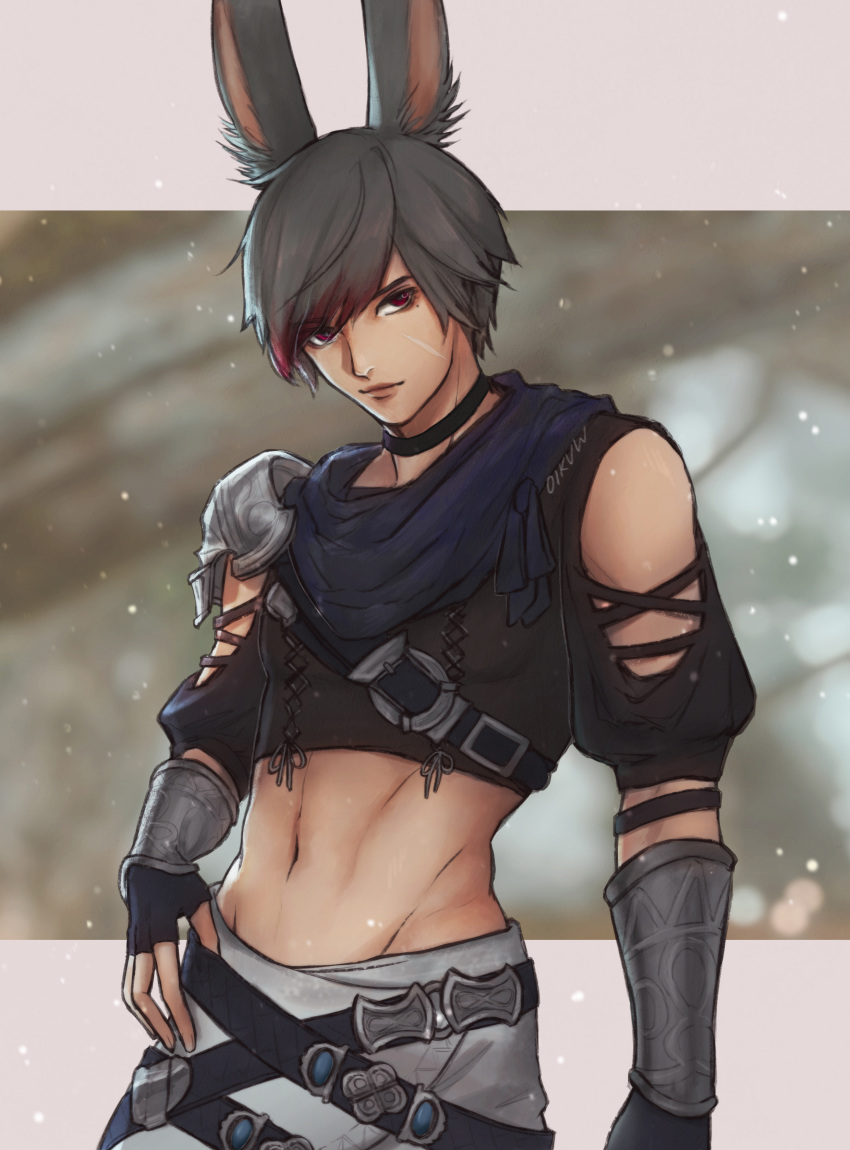 1boy, absurdres, animal_ears, armor, bangs, belt, choker, clothing_cutout, cowboy_shot, final_fantasy, final_fantasy_xiv, fingerless_gloves, gloves, grey_hair, hand_on_hip, highres, looking_at_viewer, midriff, navel, oikvw, rabbit_ears, red_eyes, short_hair, shoulder_armor, shoulder_cutout, solo, swept_bangs, viera, wrist_guards