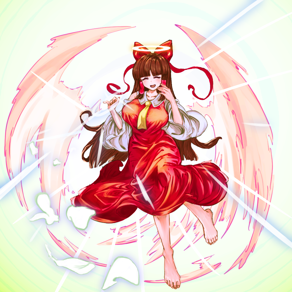 1girl, angel_wings, bangs, barefoot, blunt_bangs, blush, bow, breasts