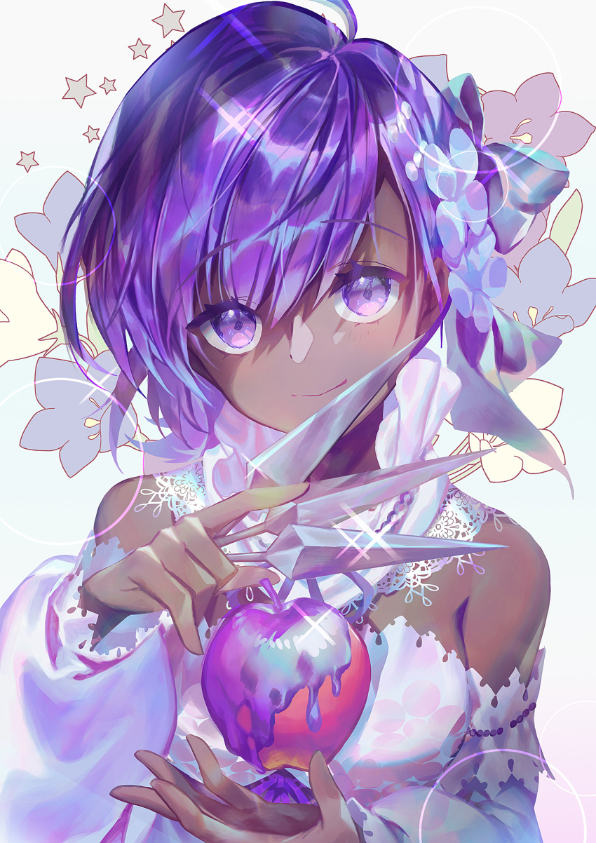 1girl, apple, bangs, bare_shoulders, breasts, dark-skinned_female, dark_skin, dress