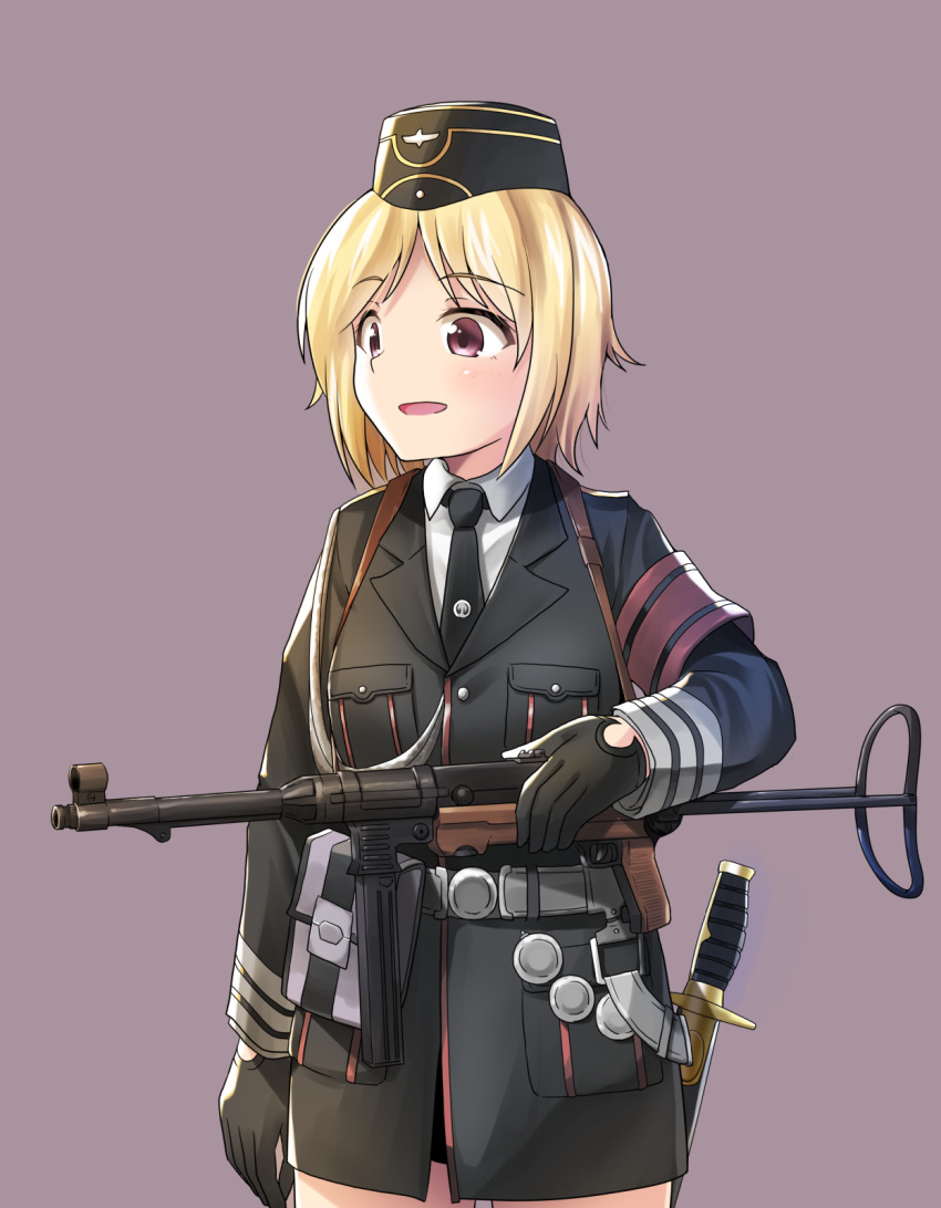 1girl, black_gloves, black_jacket, black_neckwear, blonde_hair, breast_pocket, breasts, brown_eyes