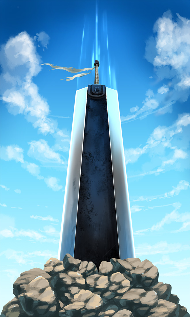 berserk, blue_sky, clouds, commentary_request, dragonslayer_(sword), no_humans, planted_sword, planted_weapon
