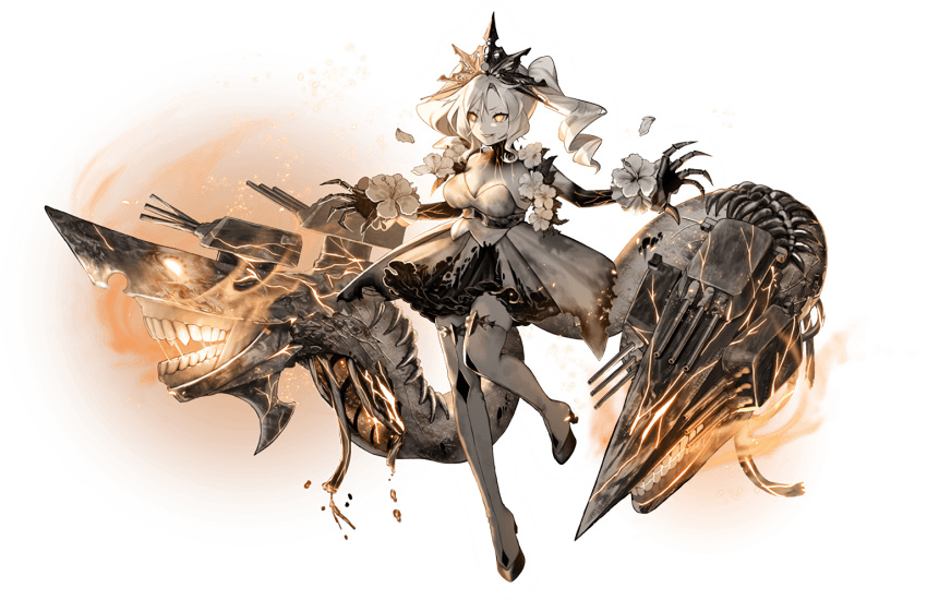 1girl, abyssal_ship, aura, claws, colored_skin, dress, drill_hair, flower