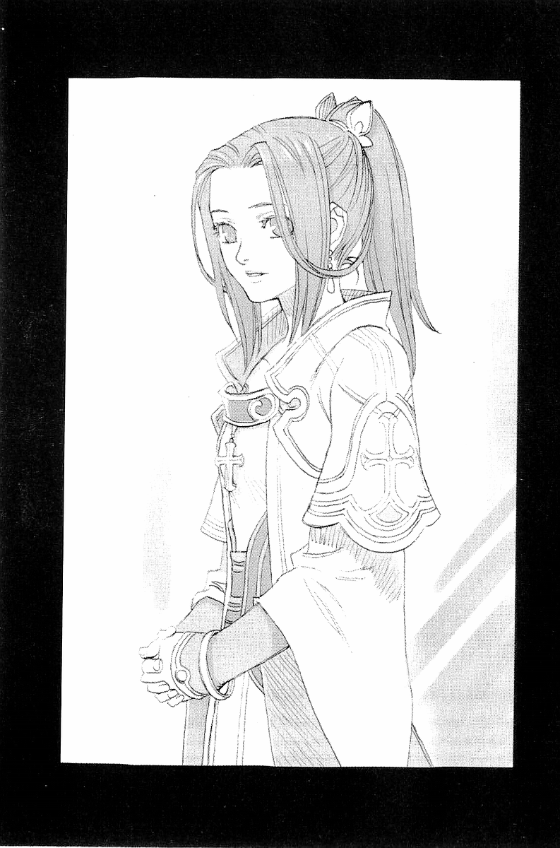 cross, earrings, hands_clasped, highres, iwasaki_minako, jewelry, long_hair, monochrome, ponytail, scan, smile, solo, sora_no_kane_no_hibiku_hoshi_de, urk_tigrey