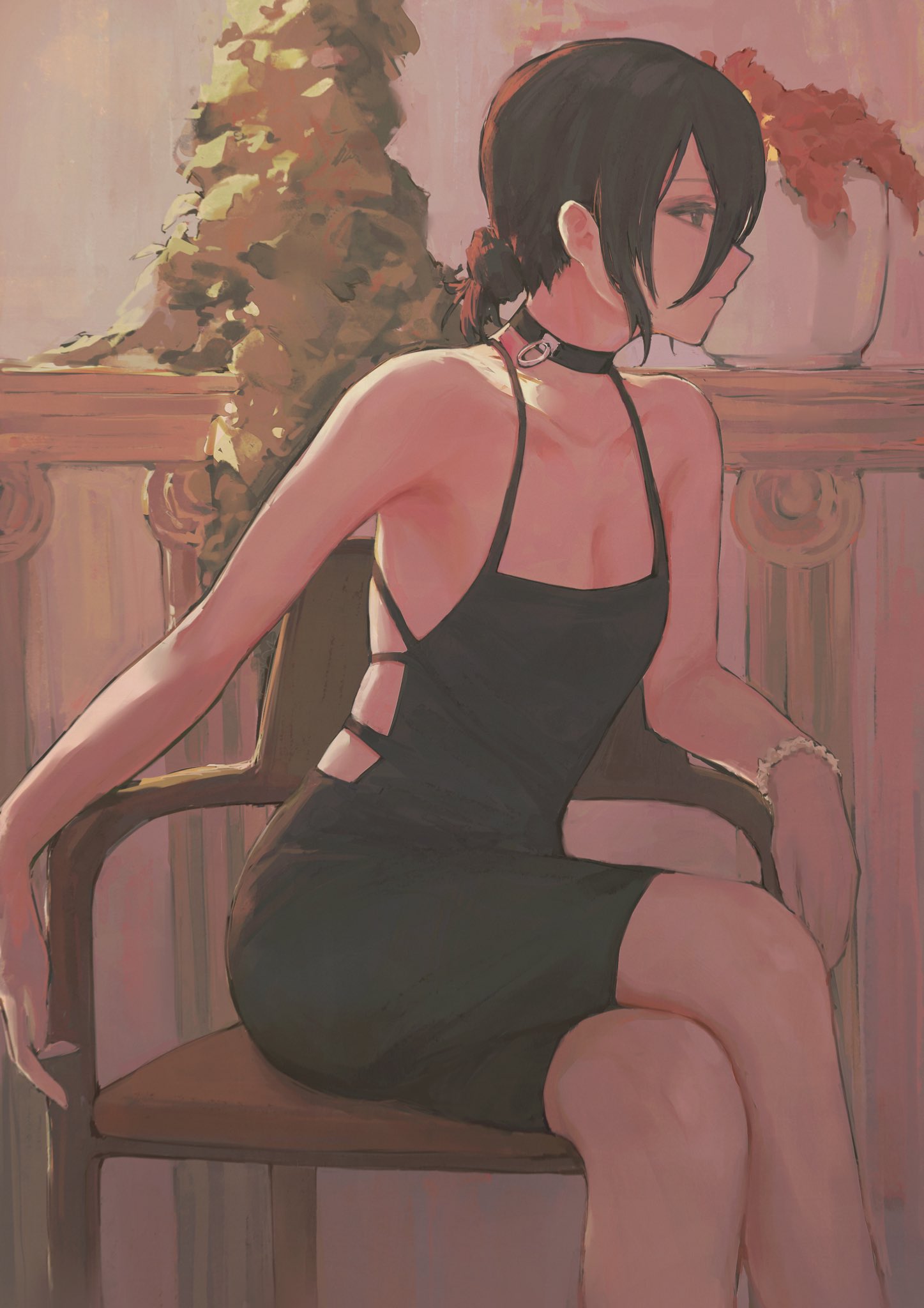 1girl, 900p, bare_shoulders, black_choker, black_dress, black_hair, breasts, chainsaw_man