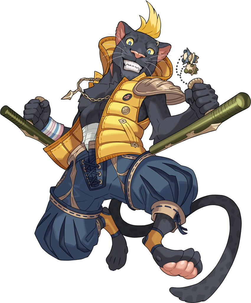 1boy, animal_ears, animal_nose, artist_request, bandages, black_fur, blonde_hair, blue_eyes, blue_pants, body_fur, cat_ears, cat_tail, claws, clenched_hands, collarbone, colored_sclera, dual_wielding, eyebrow_piercing, full_body, furry, grin, hands_up, happy, highres, holding, holding_weapon, hood, hooded_vest, hoodie, jewelry, jumping, keychain, kuro_(world_flipper), looking_at_viewer, male_focus, necklace, non-web_source, official_art, open_clothes, open_vest, orange_legwear, panther_boy, pants, pawpads, paws, piercing, pin, pocket, ribbon-trimmed_pants, ribbon_trim, sharp_teeth, short_hair, shoulder_pads, smile, socks, solo, spread_legs, stirrup_legwear, sweatband, tail, teeth, toeless_legwear, tonfa, transparent_background, uneven_eyes, vest, weapon, whiskers, wide-eyed, world_flipper, yellow_sclera, yellow_vest