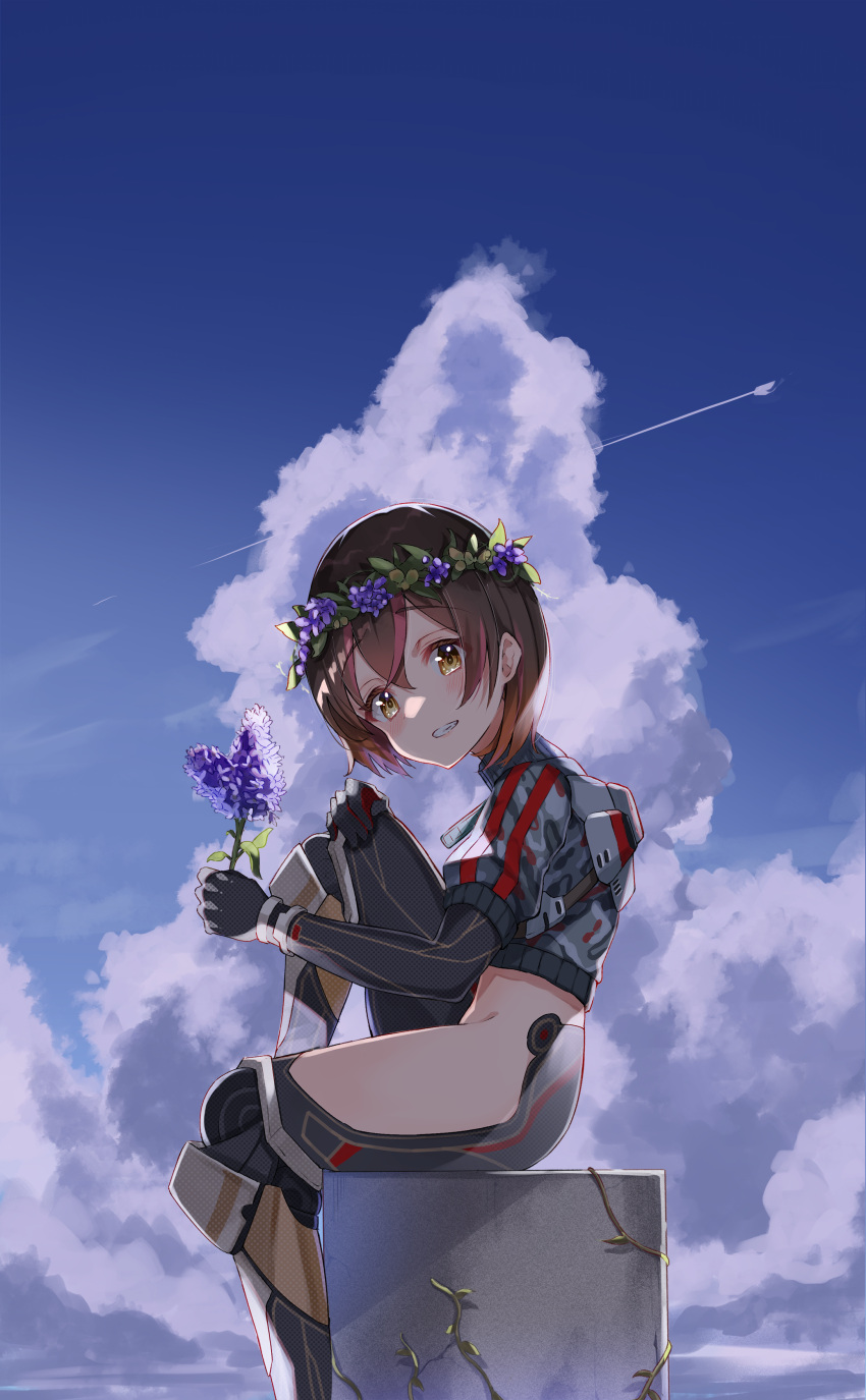 1girl, absurdres, android, blue_sky, blush, brown_hair, camouflage, clouds