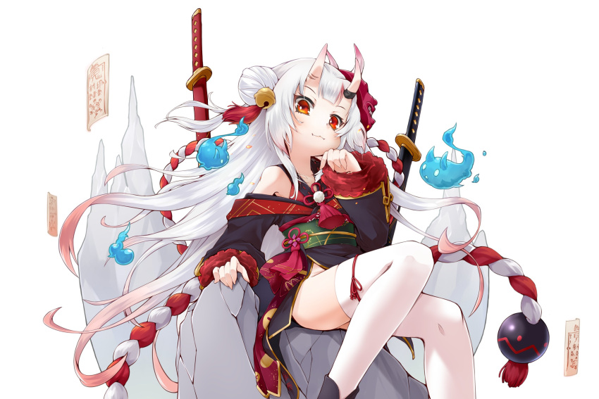 1girl, :3, bangs, bell, black_kimono, closed_mouth, double_bun, fang
