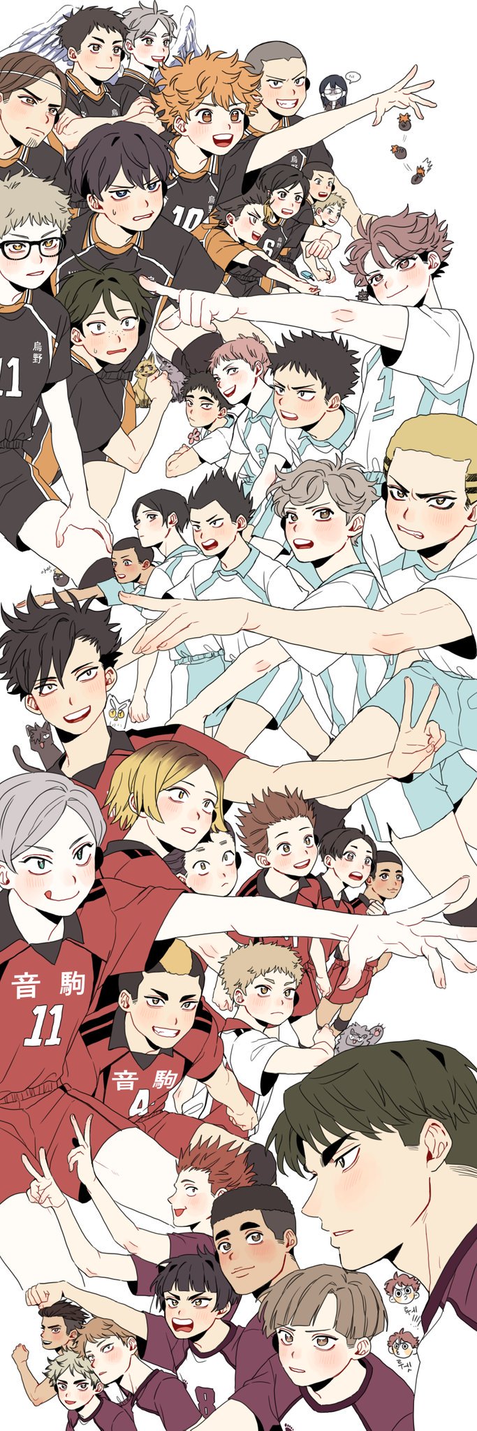 1girl, 6+boys, :q, animalization, arms_up, azumane_asahi, bird, black_hair