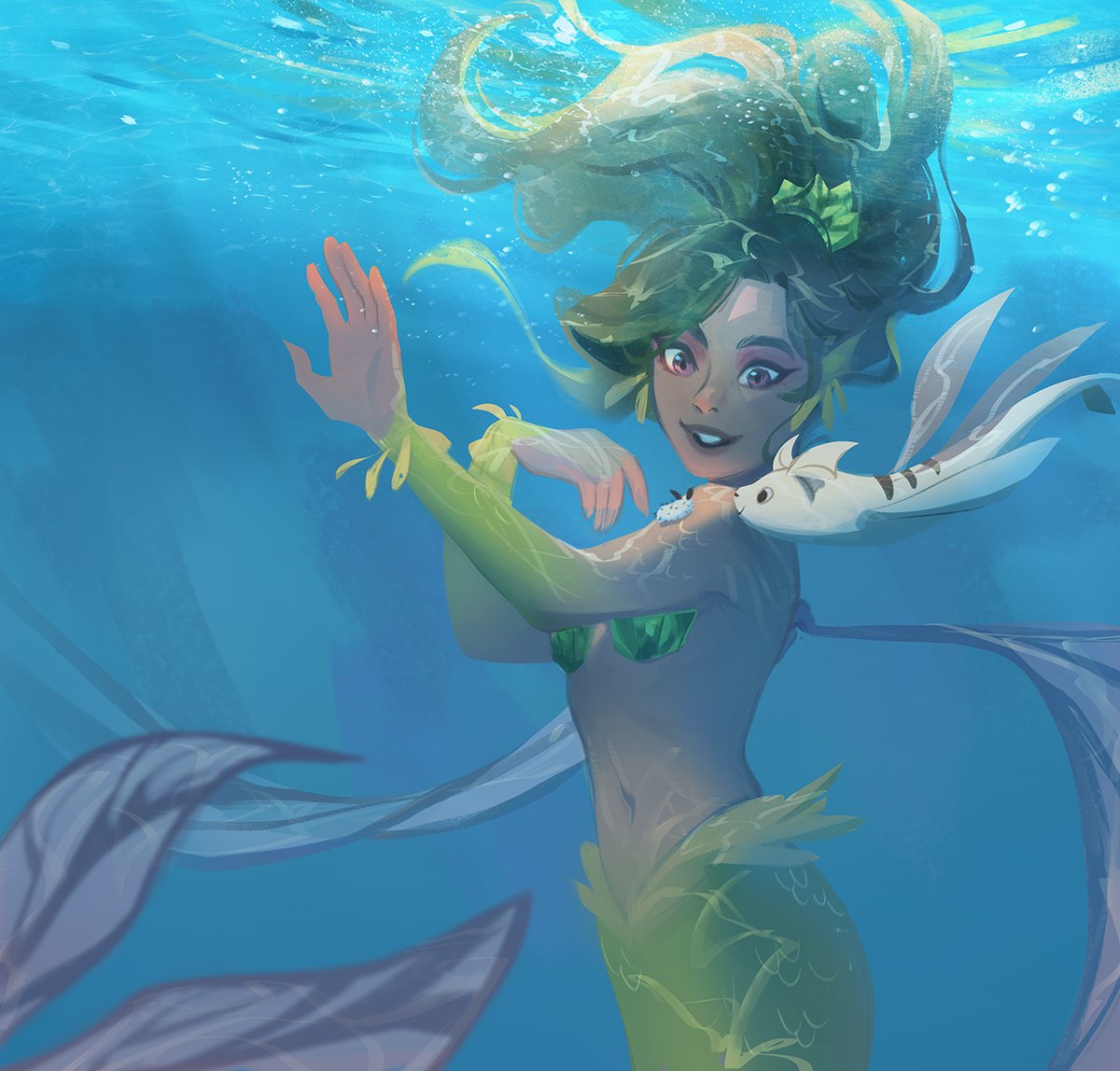 1girl, aleikats, brown_lips, eyeshadow, fish, green_hair, green_scales, looking_at_animal