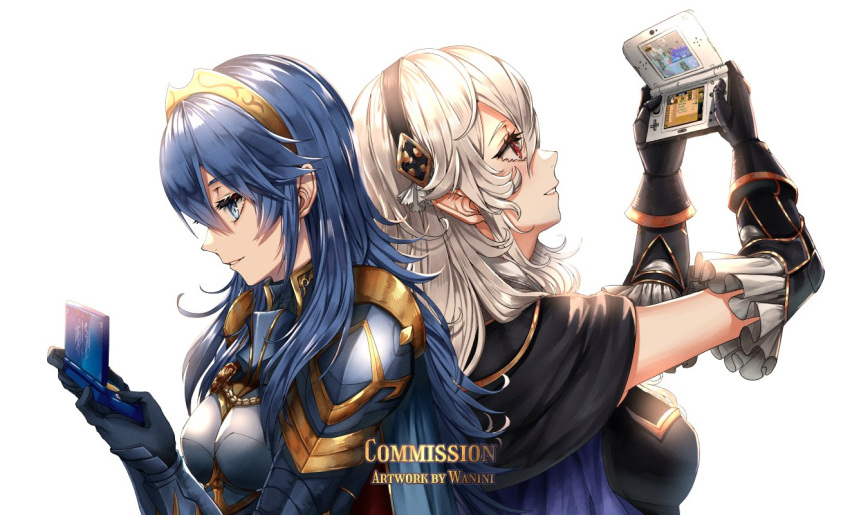 2girls, armor, back-to-back, blue_eyes, blue_hair, breasts, corrin_(fire_emblem), corrin_(fire_emblem)_(female)