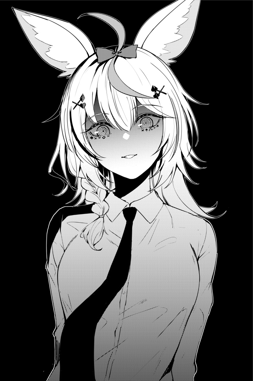1girl, absurdres, ahoge, animal_ears, arms_behind_back, black_background, braid, breasts
