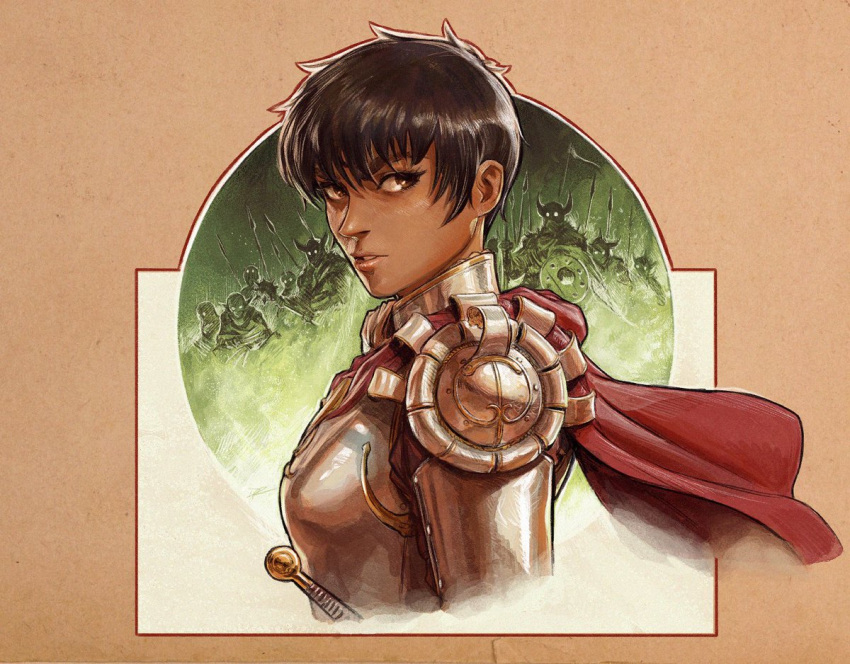 1girl, armor, army, berserk, brown_eyes, capelet, casca_(berserk), dark-skinned_female