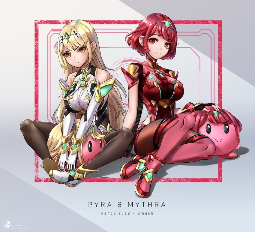 2girls, absurdres, bangs, bare_shoulders, black_gloves, blonde_hair, breasts, chest_jewel, dress, earrings, elbow_gloves, fingerless_gloves, gloves, highres, jewelry, kirby, kirby_(series), large_breasts, long_hair, lu_(pixiv20967832), mythra_(xenoblade), pyra_(xenoblade), pyra_(xenoblade)_(cosplay), red_eyes, red_legwear, red_shorts, redhead, short_dress, short_hair, short_shorts, shorts, super_smash_bros., swept_bangs, thigh-highs, thigh_strap, tiara, very_long_hair, white_dress, white_footwear, white_gloves, xenoblade_chronicles_(series), xenoblade_chronicles_2, yellow_eyes
