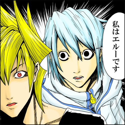 blonde_hair, blue_hair, death_note, double_arts, figarette_elraine, hoodie, i_am_l, kiri_luchile